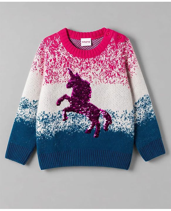 Babyhug Knit Extra Soft Hairy Eyelash Yarn Full Sleeves Unicorn Reverse Sequinned Pullover Sweater - Pink