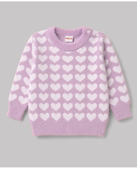 Babyhug Knit Extra Soft Hairy Eyelash Yarn Full Sleeves Sweater Set With Hearts Design - Mauve