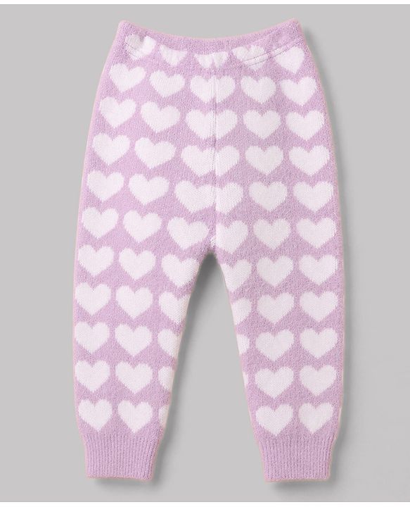 Babyhug Knit Extra Soft Hairy Eyelash Yarn Full Sleeves Sweater Set With Hearts Design - Mauve