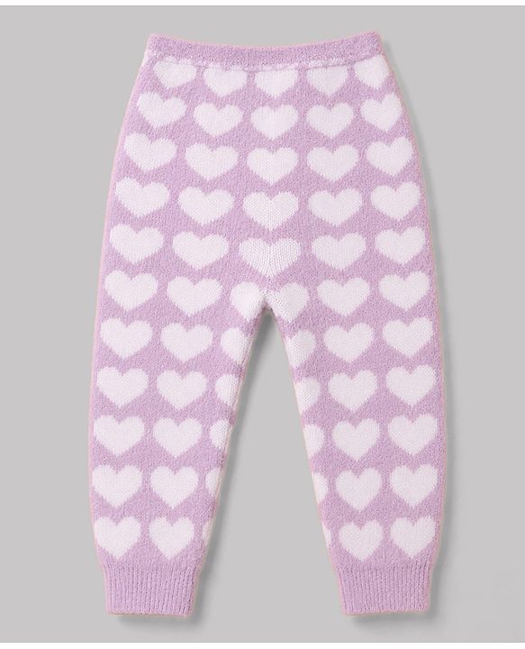 Babyhug Knit Extra Soft Hairy Eyelash Yarn Full Sleeves Sweater Set With Hearts Design - Mauve