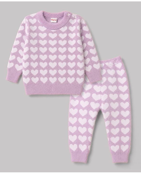 Babyhug Knit Extra Soft Hairy Eyelash Yarn Full Sleeves Sweater Set With Hearts Design - Mauve