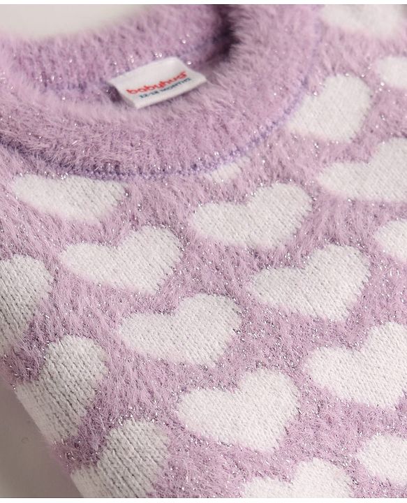 Babyhug Knit Extra Soft Hairy Eyelash Yarn Full Sleeves Sweater Set With Hearts Design - Mauve