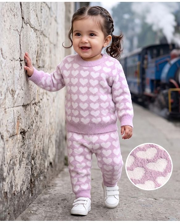 Babyhug Knit Extra Soft Hairy Eyelash Yarn Full Sleeves Sweater Set With Hearts Design - Mauve