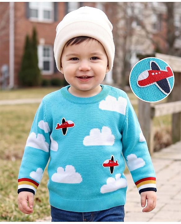 Babyhug Knit Full Sleeves Pullover with Cloud Designed & Airplane Patch - Light Blue
