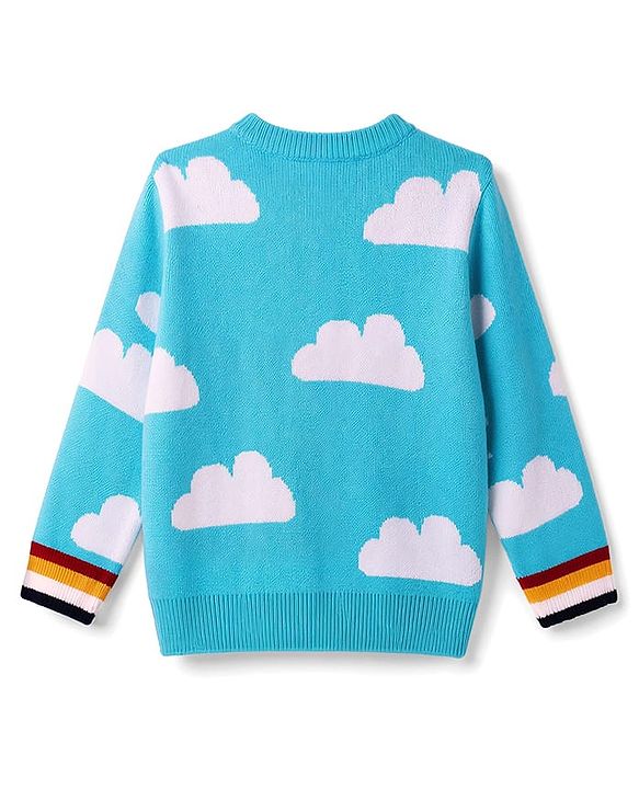 Babyhug Knit Full Sleeves Pullover with Cloud Designed & Airplane Patch - Light Blue
