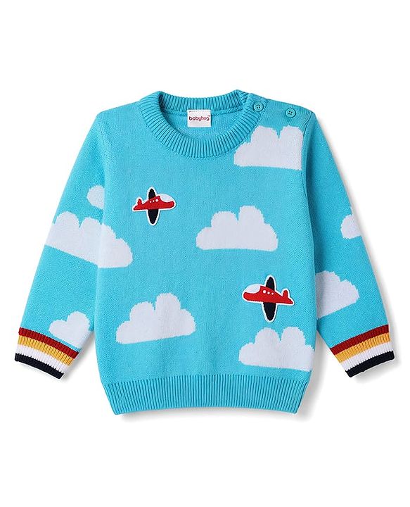 Babyhug Knit Full Sleeves Pullover with Cloud Designed & Airplane Patch - Light Blue