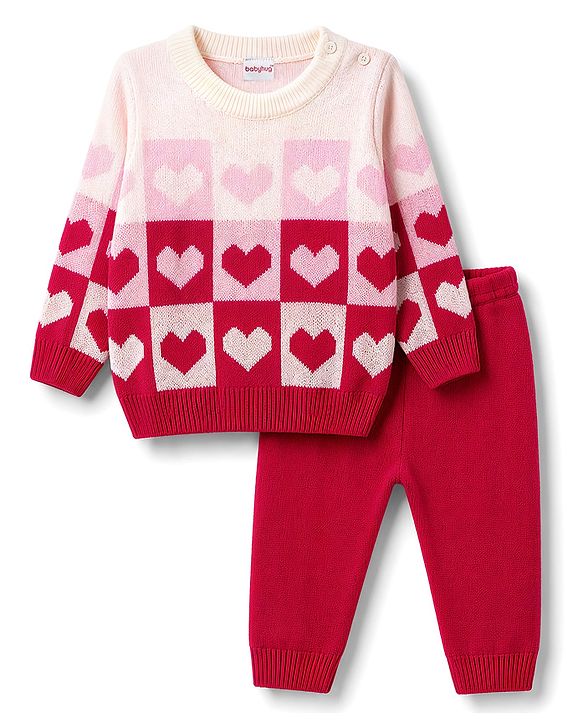 Babyhug Knit Full Sleeves Heart Designed Sweater Set - Pink