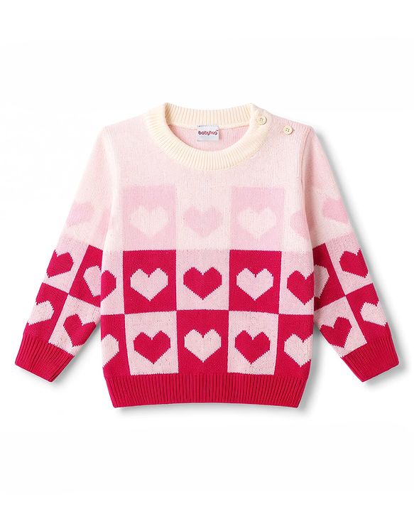 Babyhug Knit Full Sleeves Heart Designed Sweater Set - Pink