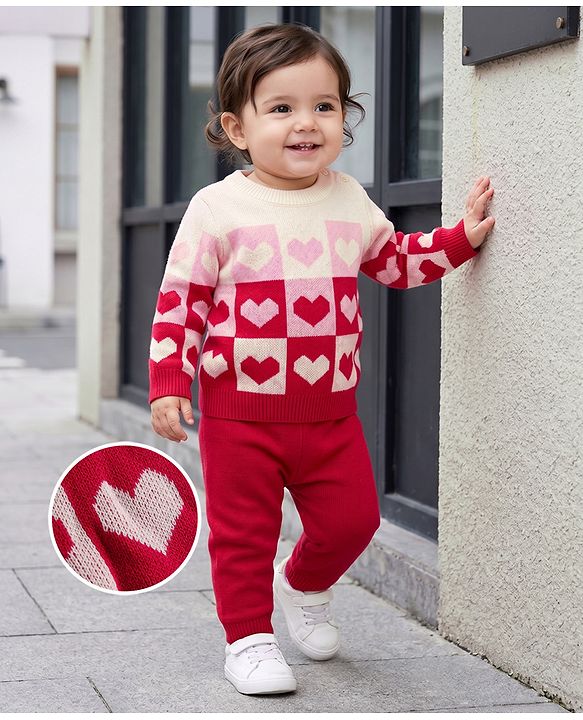 Babyhug Knit Full Sleeves Heart Designed Sweater Set - Pink