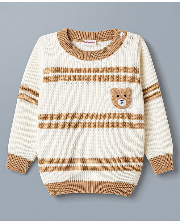 Babyhug Knit Full Sleeves Striped & Bear Designed Sweater Set - White
