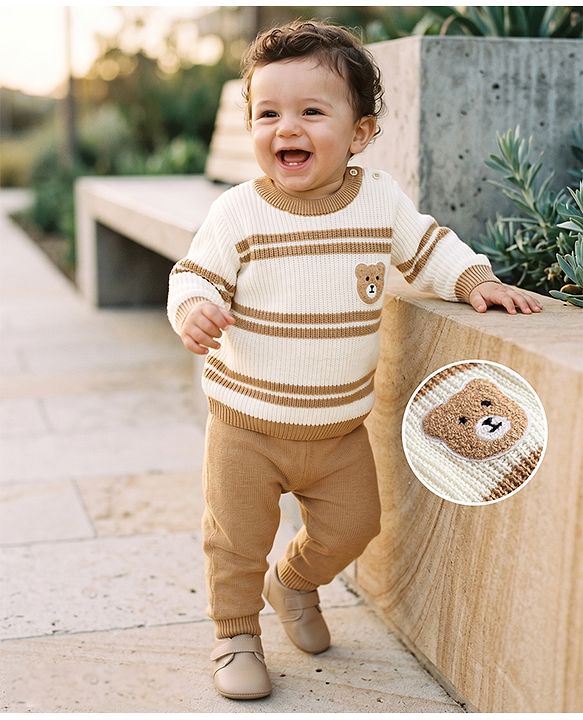 Babyhug Knit Full Sleeves Striped & Bear Designed Sweater Set - White