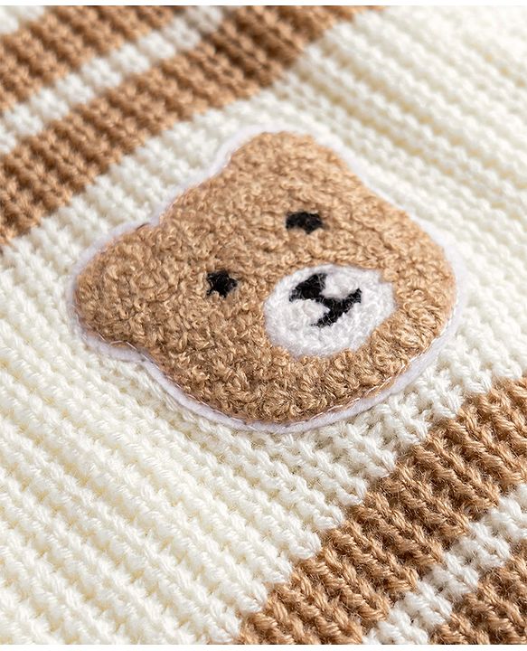 Babyhug Knit Full Sleeves Striped & Bear Designed Sweater Set - White