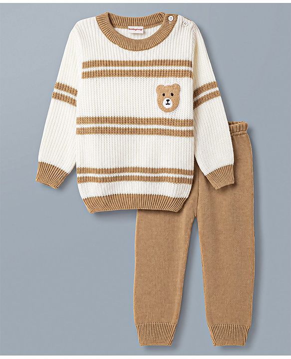 Babyhug Knit Full Sleeves Striped & Bear Designed Sweater Set - White