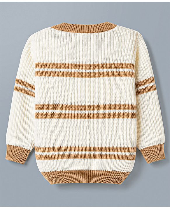 Babyhug Knit Full Sleeves Striped & Bear Designed Sweater Set - White
