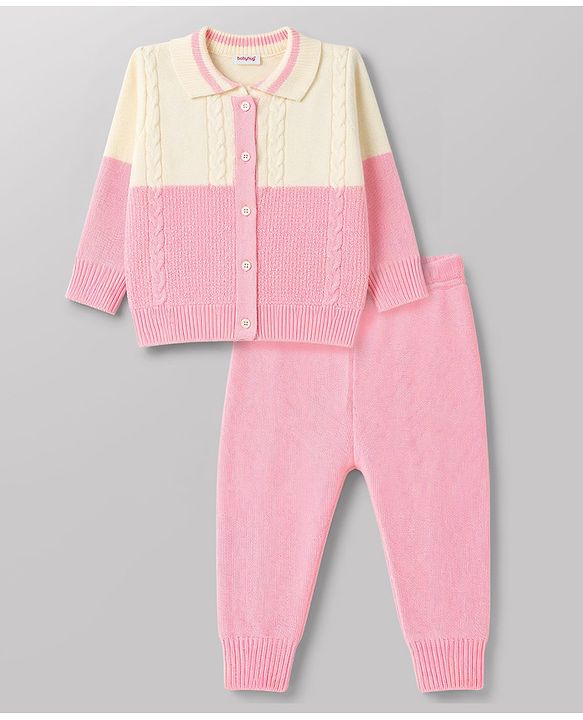 Babyhug Knit Full Sleeves Polo Collar Neck Colour Block Cable Knit Designed Sweater Set - Pink