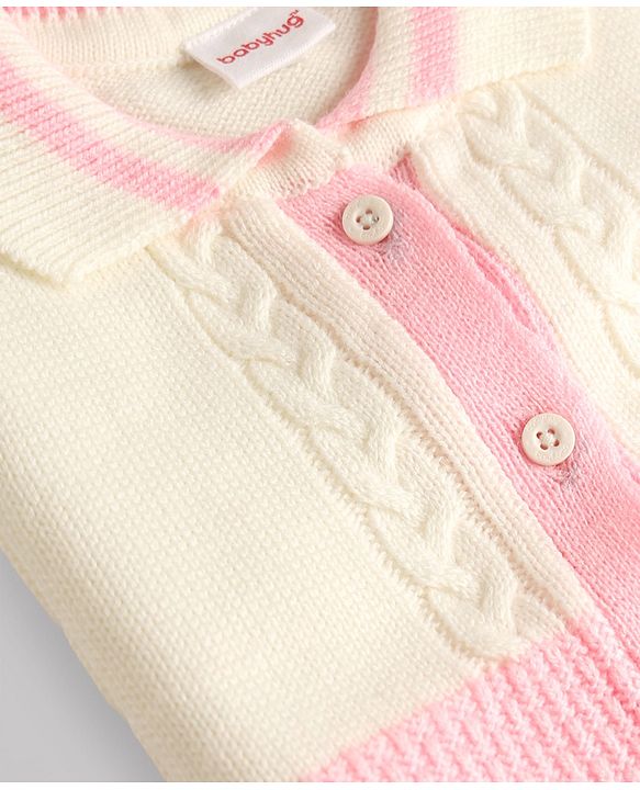 Babyhug Knit Full Sleeves Polo Collar Neck Colour Block Cable Knit Designed Sweater Set - Pink