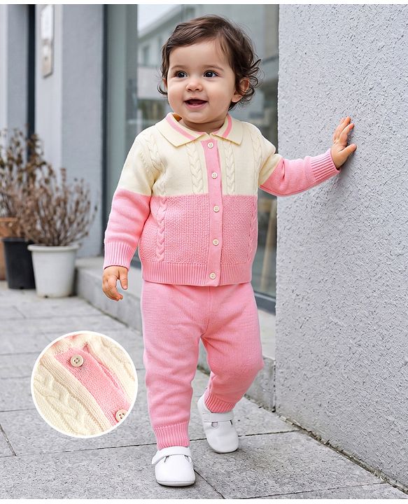 Babyhug Knit Full Sleeves Polo Collar Neck Colour Block Cable Knit Designed Sweater Set - Pink