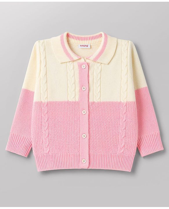 Babyhug Knit Full Sleeves Polo Collar Neck Colour Block Cable Knit Designed Sweater Set - Pink