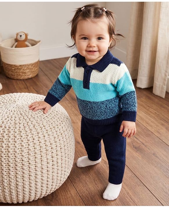 Babyhug Knit Full Sleeves Polo Collar Sweater Set with Stripes - Navy