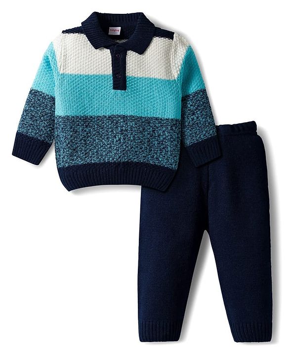 Babyhug Knit Full Sleeves Polo Collar Sweater Set with Stripes - Navy