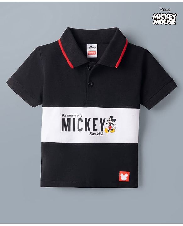 Babyhug Disney Cotton Knit Half Sleeves Pique Polo T-Shirt with Mickey Mouse Print - Black