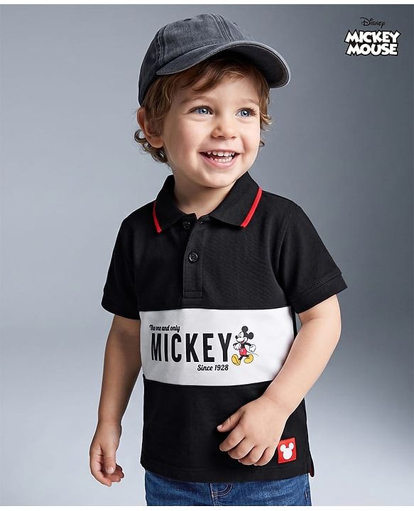Babyhug Disney Cotton Knit Half Sleeves Pique Polo T-Shirt with Mickey Mouse Print - Black
