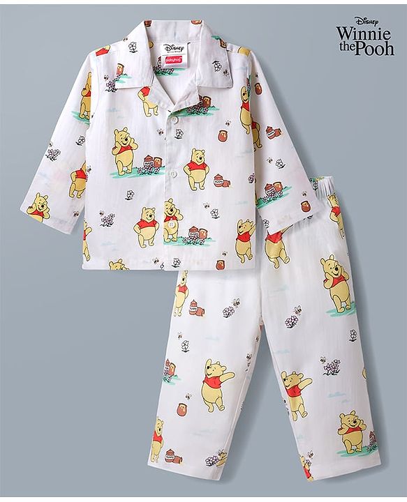 Babyhug Disney Poplin Woven Full Sleeves Co-Ords Shirt & Pyjama Night Suit with Winnie the Pooh - White