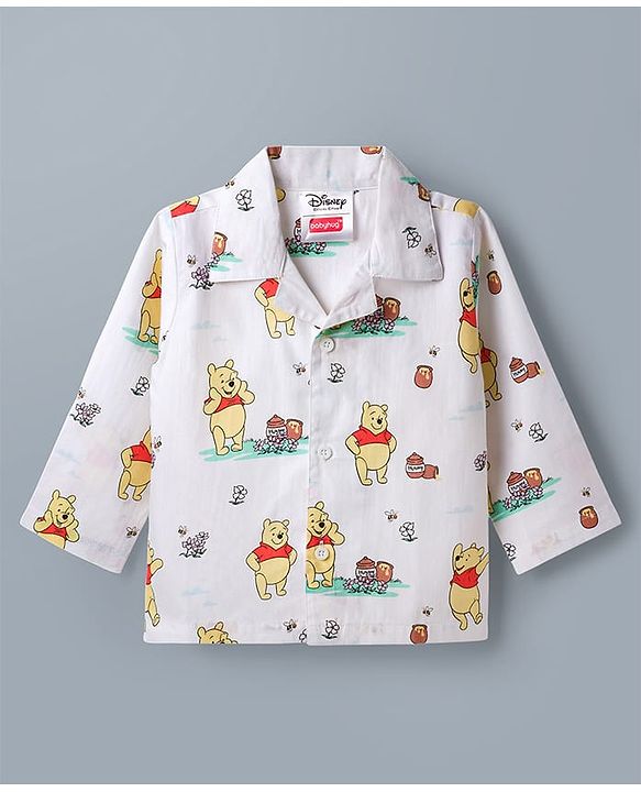 Babyhug Disney Poplin Woven Full Sleeves Co-Ords Shirt & Pyjama Night Suit with Winnie the Pooh - White