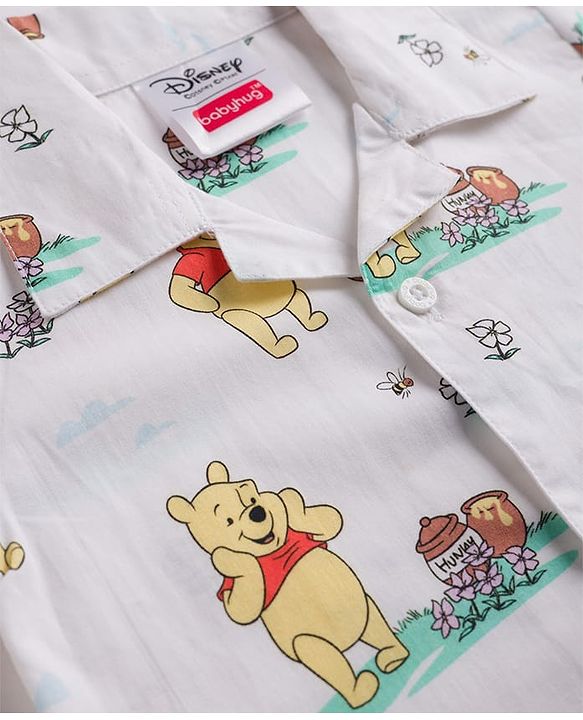 Babyhug Disney Poplin Woven Full Sleeves Co-Ords Shirt & Pyjama Night Suit with Winnie the Pooh - White