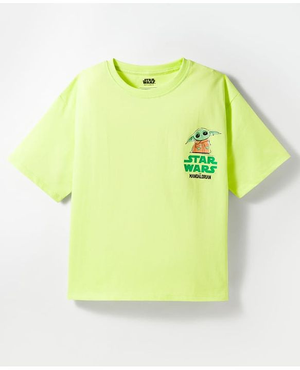 Pine Kids Lucas Single Jersey Knit Drop Shoulder Sleeves T-Shirt With Front & Back Baby Yoda Graphics - Green