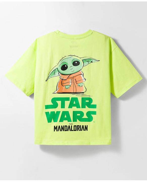 Pine Kids Lucas Single Jersey Knit Drop Shoulder Sleeves T-Shirt With Front & Back Baby Yoda Graphics - Green