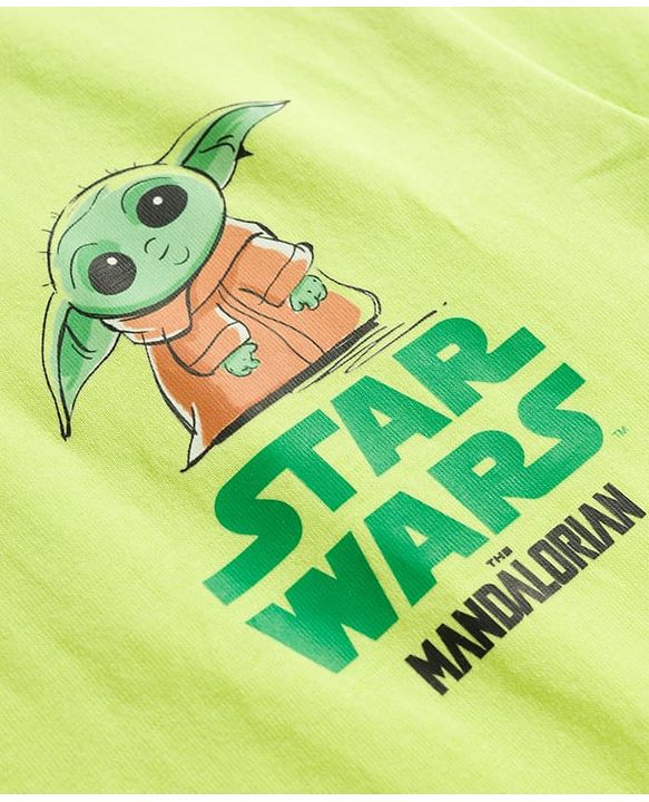 Pine Kids Lucas Single Jersey Knit Drop Shoulder Sleeves T-Shirt With Front & Back Baby Yoda Graphics - Green
