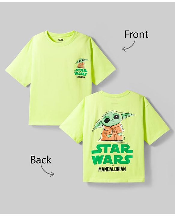 Pine Kids Lucas Single Jersey Knit Drop Shoulder Sleeves T-Shirt With Front & Back Baby Yoda Graphics - Green