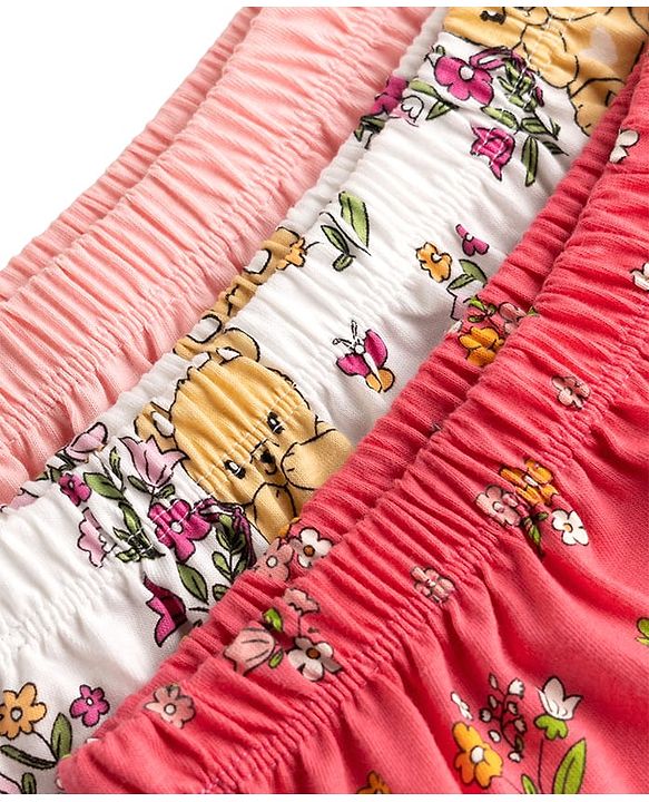 Babyhug 100% Cotton Single Jersey Knit Bear & Floral Printed Blomers Pack of 3 - Pink Red & White