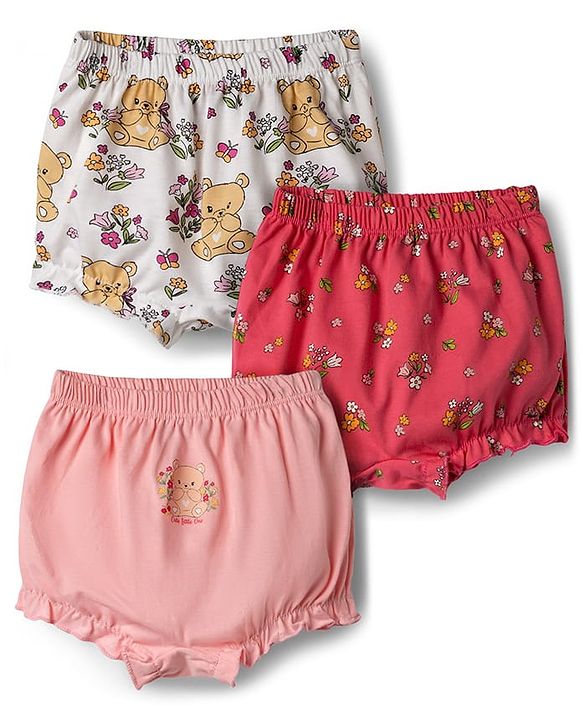 Babyhug 100% Cotton Single Jersey Knit Bear & Floral Printed Blomers Pack of 3 - Pink Red & White