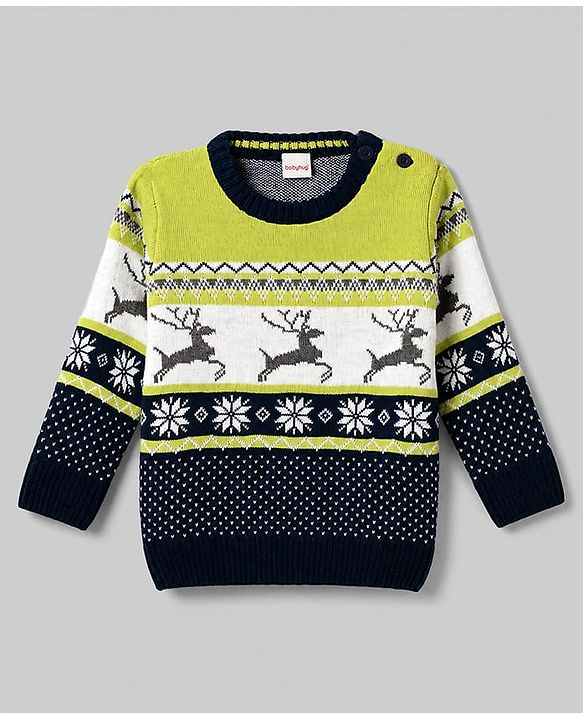 Babyhug Knitted Full Sleeves Reindeer Designed Sweater Set - Navy Blue