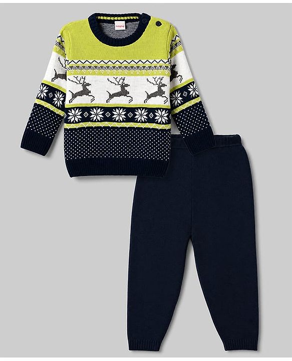 Babyhug Knitted Full Sleeves Reindeer Designed Sweater Set - Navy Blue