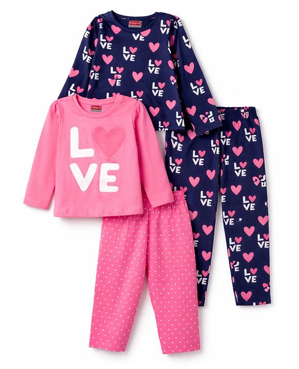 Babyhug 100% Cotton Knit Full Sleeves Co-Ord T-Shirt & Pyjama Night Suit With Love Print Pack of 2 - Multicolor
