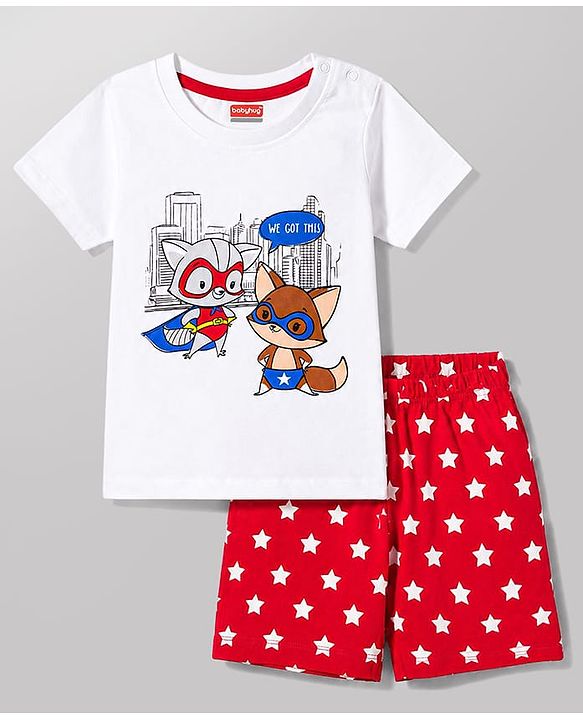 Babyhug 100% Cotton Knit Half Sleeves Animal Printed T-Shirt & Shorts Night Suit - White