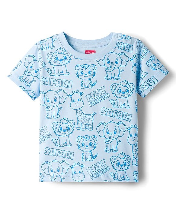 Babyhug 100% Cotton Knit Half Sleeves Animal Printed Co-Ords T-Shirt & Shorts Night Suit - Light Blue