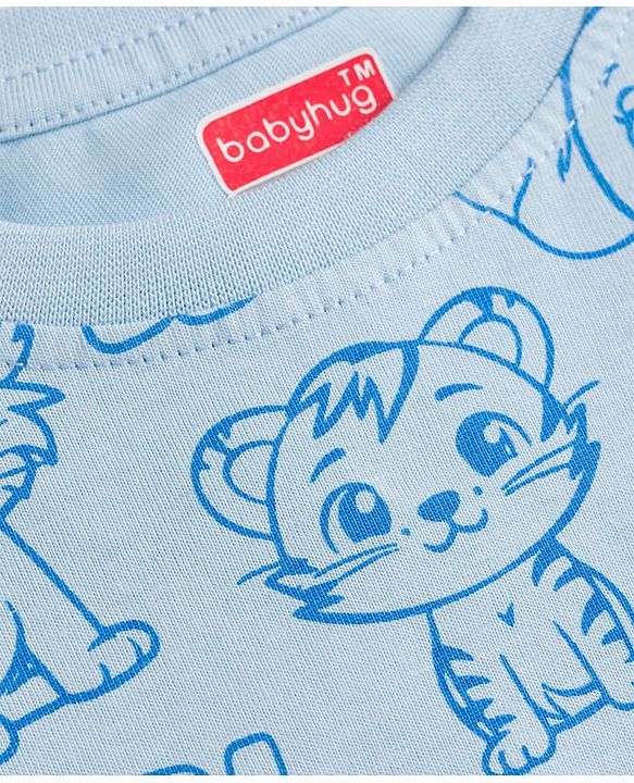 Babyhug 100% Cotton Knit Half Sleeves Animal Printed Co-Ords T-Shirt & Shorts Night Suit - Light Blue