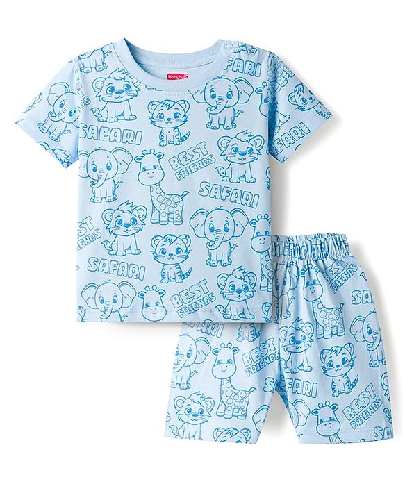 Babyhug 100% Cotton Knit Half Sleeves Animal Printed Co-Ords T-Shirt & Shorts Night Suit - Light Blue