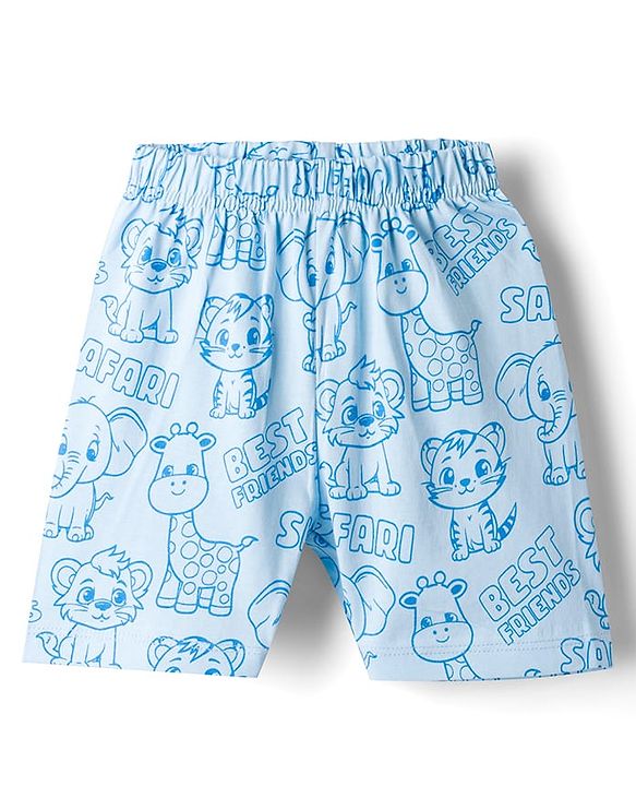 Babyhug 100% Cotton Knit Half Sleeves Animal Printed Co-Ords T-Shirt & Shorts Night Suit - Light Blue