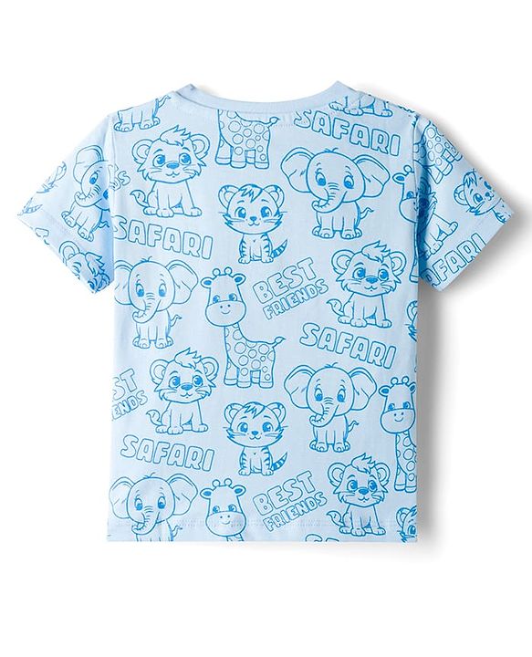 Babyhug 100% Cotton Knit Half Sleeves Animal Printed Co-Ords T-Shirt & Shorts Night Suit - Light Blue