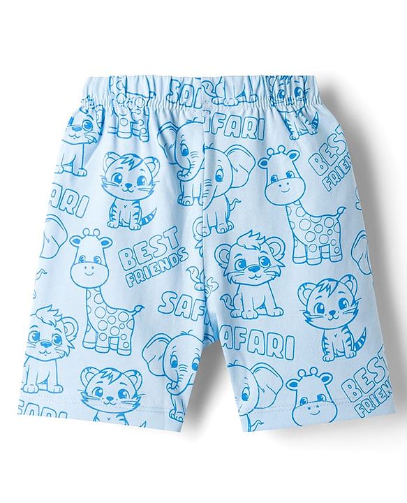 Babyhug 100% Cotton Knit Half Sleeves Animal Printed Co-Ords T-Shirt & Shorts Night Suit - Light Blue
