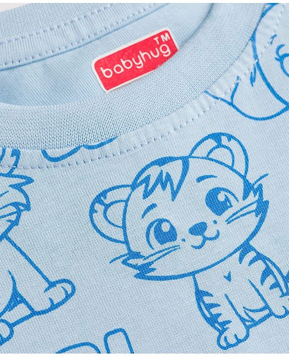 Babyhug 100% Cotton Knit Half Sleeves Animal Printed Co-Ords T-Shirt & Shorts Night Suit - Light Blue