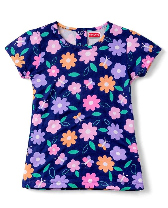 Babyhug 100% Cotton Knit Half Sleeves T-Shirt & Pyjama Co-ord Night Suit with Floral Print - Navy Blue