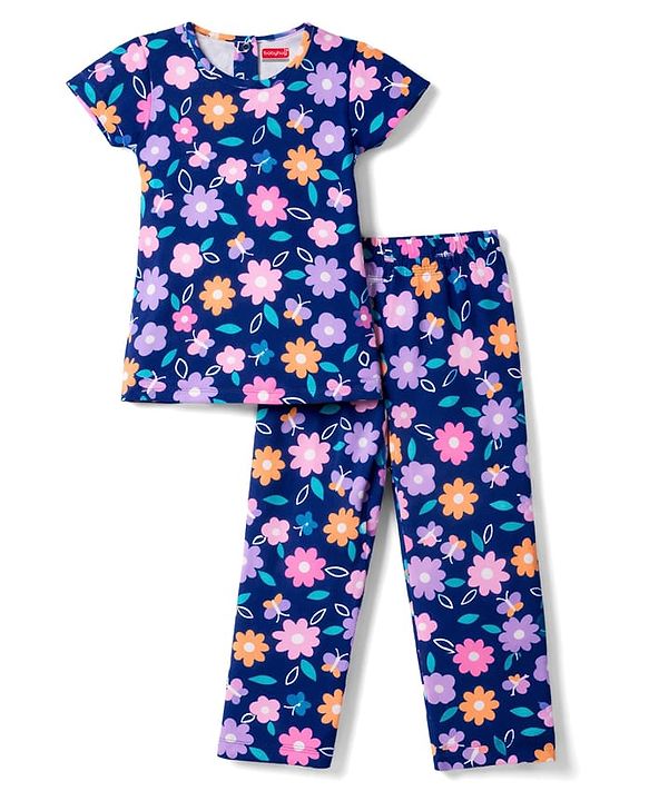 Babyhug 100% Cotton Knit Half Sleeves T-Shirt & Pyjama Co-ord Night Suit with Floral Print - Navy Blue