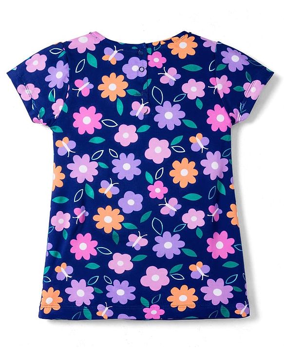 Babyhug 100% Cotton Knit Half Sleeves T-Shirt & Pyjama Co-ord Night Suit with Floral Print - Navy Blue