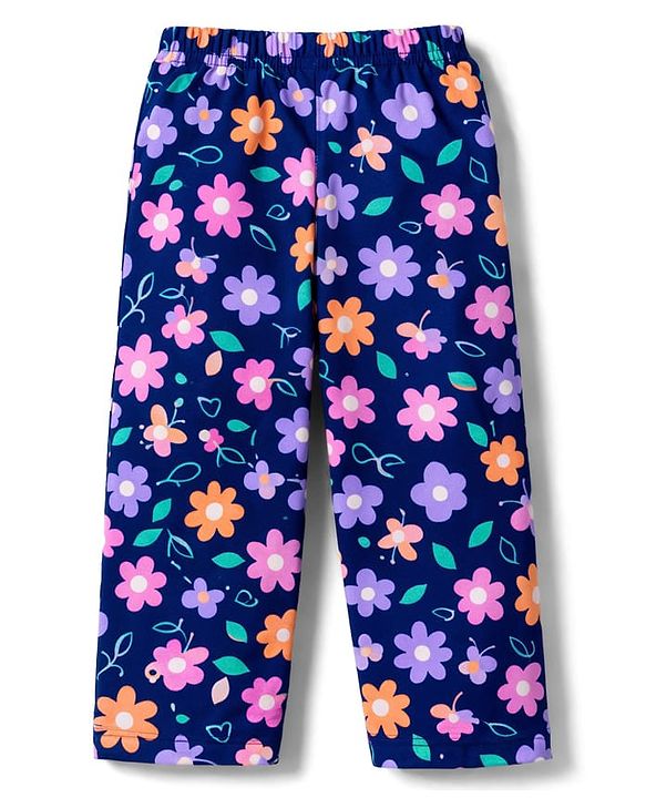 Babyhug 100% Cotton Knit Half Sleeves T-Shirt & Pyjama Co-ord Night Suit with Floral Print - Navy Blue